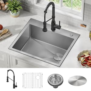 Loften 25 in. Drop-In Single Bowl 18 Gauge Stainless Steel Kitchen Sink with Pull Down Faucet in Matte Black