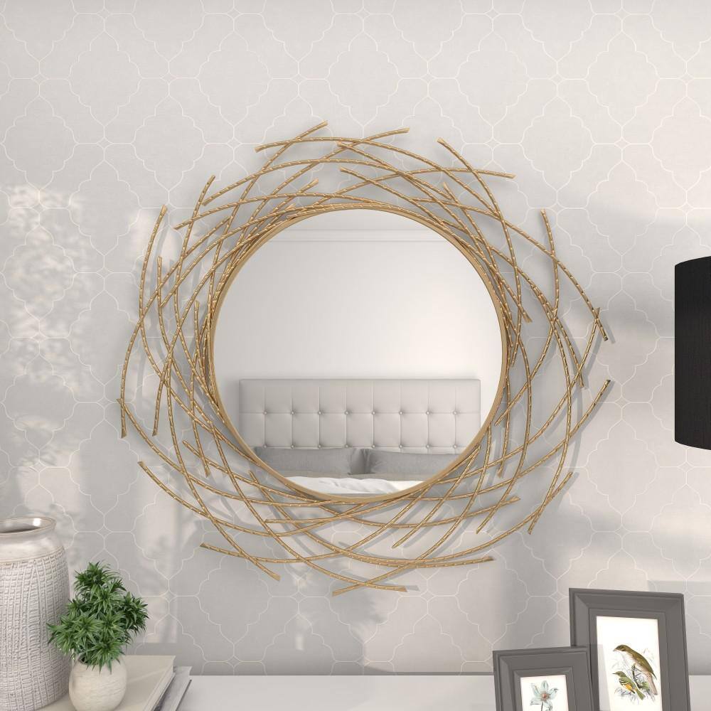 Gold Sunburst Round Wood Wall Mirror, 39"