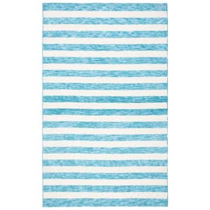 Easy Care Blue/Ivory Doormat 3 ft. x 5 ft. Machine Washable Striped Abstract Area Rug