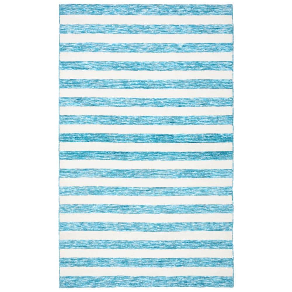 Blue and Ivory Striped Synthetic 4' x 6' Washable Rug