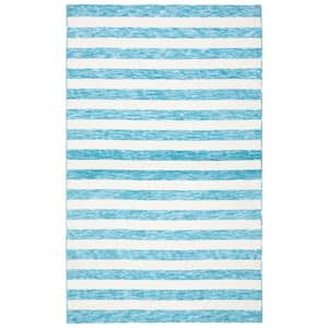 Easy Care Blue/Ivory 4 ft. x 6 ft. Machine Washable Striped Abstract Area Rug