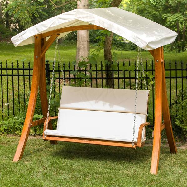 Wooden Patio Swing Seater With Canopy, Wood Chair Outdoor Swing