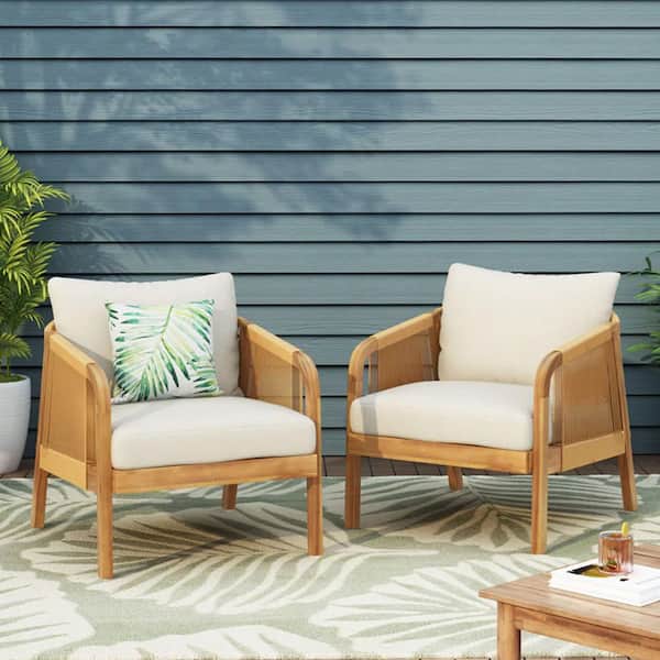 (Set of 2) Brown Deep Seating Acacia Wood Wicker Outdoor Lounge Chair with Soft Beige Cushion