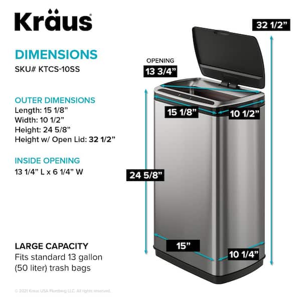Kraus KTCS-10SS 13 Gallon Touchless Motion Sensor Trash Can
