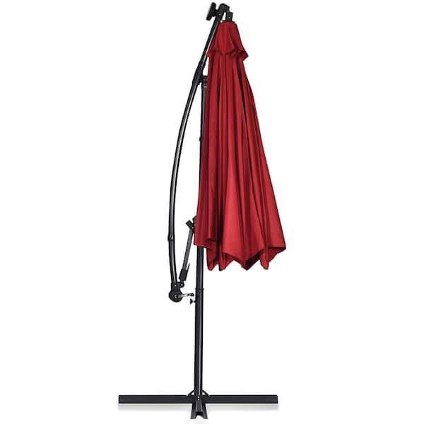 Costway 10 ft. Aluminum Offset Cantilever Solar Tilt Patio Umbrella LED Lights 360° Rotation Burgundy