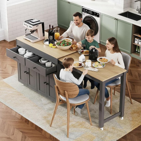 Runesay Oak and Gray Wood 70.5 in. 2-Drawer Rolling Kitchen Island Extendable Dining Table on Wheels with 4-Door and Spice Rack