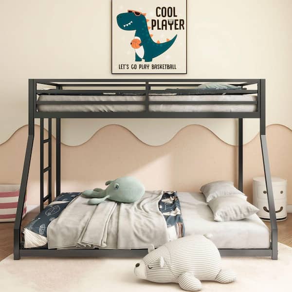 Black Metal Twin Over Full Bunk Bed with Ladder and Guardrails, Easy Climbing for Kids and Adult