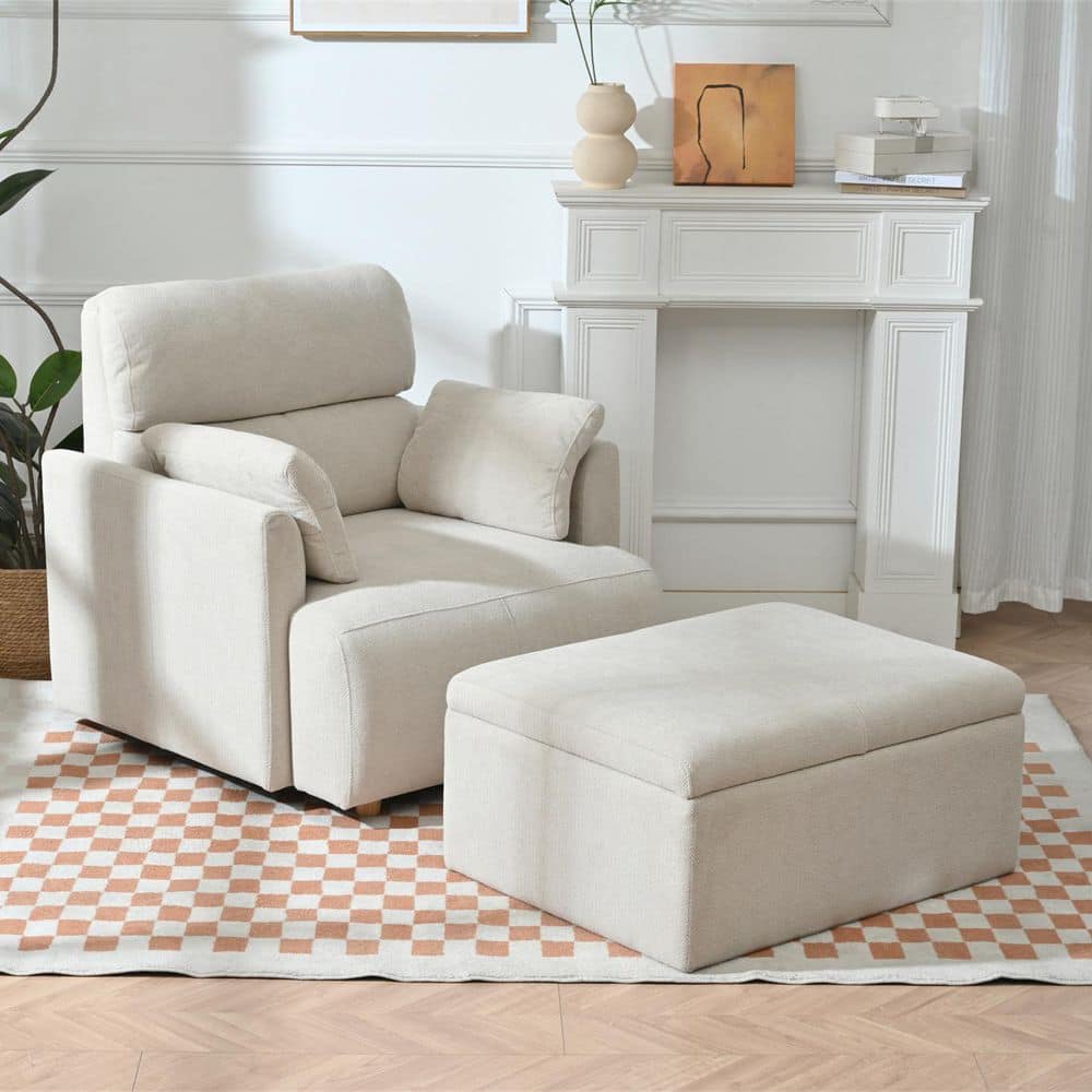 Beige Gray Snowflake Fleece Fabric Accent Armchair Chair and Storage Ottoman Set with 2 Throw Pillows