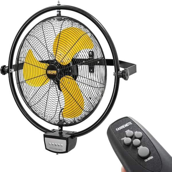 20 in. Yellow 3-Speed Orbital Remote Wall Mounted Fan, 1/5 HP Motor, Timer, Tilt, Oscillating, 3-Speed, UL Listed.