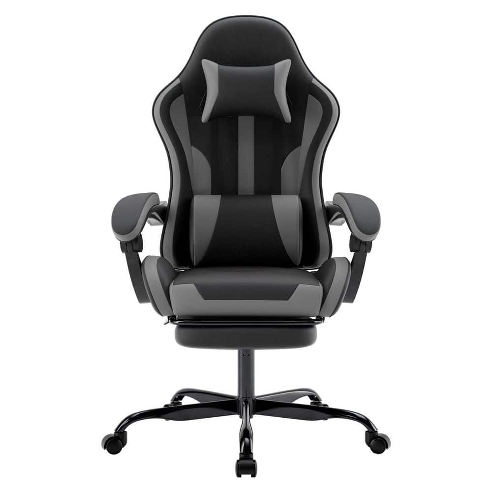 Leather Reclining Footrest High Back Swivel Adjustable Height Ergonomic Gaming Chair in Black Gray with Adjustable Arms