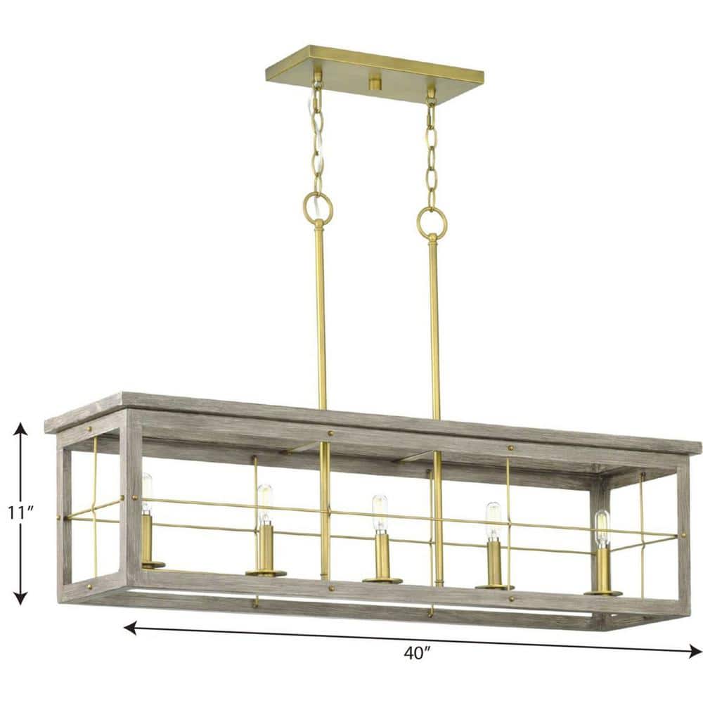Hedgerow 5-Light Distressed Brass and Oak Linear Island Chandelier