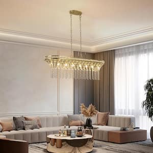 39.4 in. 8-Light Satin Brass and Transparent Waterfall Nordic Adjustable Height Chandelier for Bedroom Dining Room