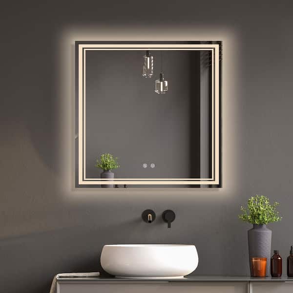 NTQ 36 in. W x 36 in. H Medium Square Frameless Defogger Wall Mounted Smart Backlit Light Bathroom Vanity Mirror in Silver