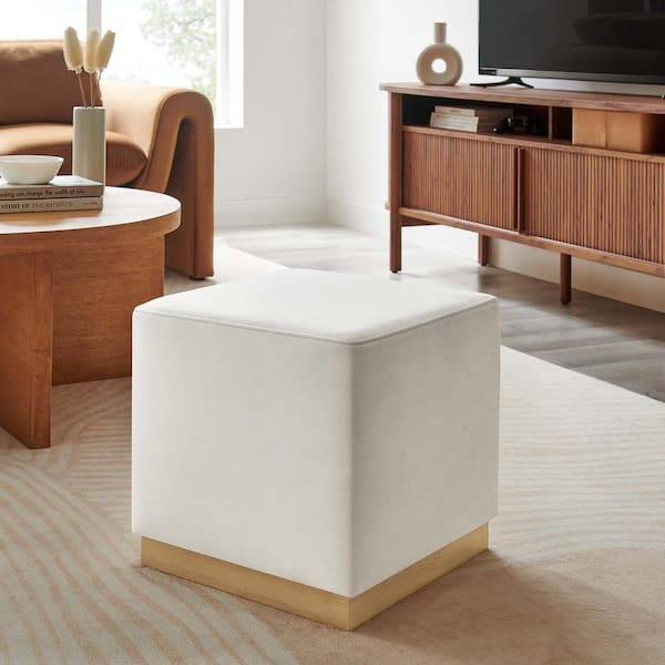 Tilden 17 in. Square Performance Velvet Upholstered Ottoman in Alabaster Natural