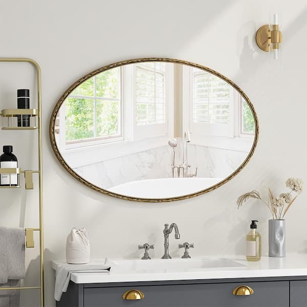 Gold 25.6 in W x 39.37 in. H Art Deco Oval Iron Framed Mirror Wall Mirror Wall Decor Mirror
