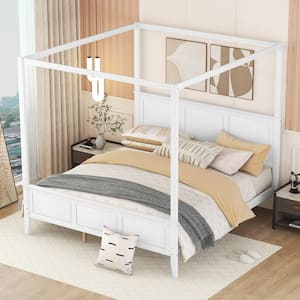 79 in. W White King Size Canopy Bed Frame Wooden Platform Bed with Headboard and Footboard, No Box Spring Needed