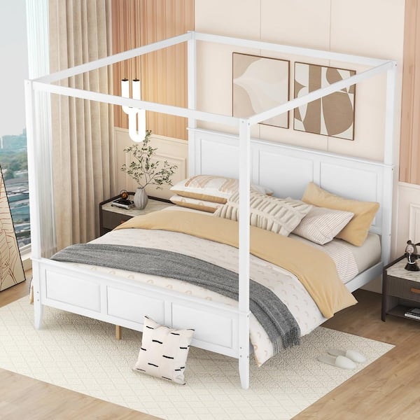 URTR 79 in. W White King Size Canopy Bed Frame Wooden Platform Bed with Headboard and Footboard, No Box Spring Needed