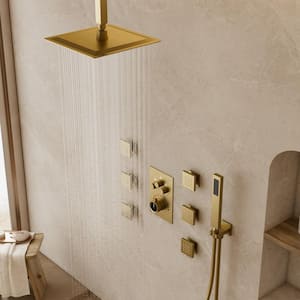 Triple Handles 7-Spray Patterns Shower Faucet 12 in. Shower Head with 6-Jets in Brushed Gold (Valve Included)