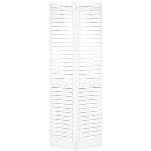 24 in. x 80 in. 24 in. Plantation Louvered Solid Core Primed White Wood Interior Closet Bi-Fold Door