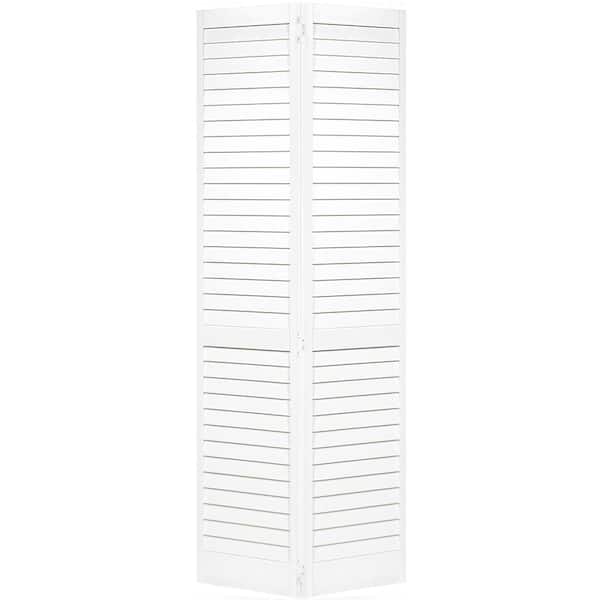 Photo 1 of 28 in. x 80 in. Plantation Louvered Solid Core White Wood Interior Closet Bi-Fold Door