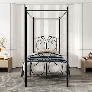 Metal Canopy Bed Frame, Black Twin Size with Headboard, Heavy Duty Steel Slats, No Box Spring Needed (Style 3)