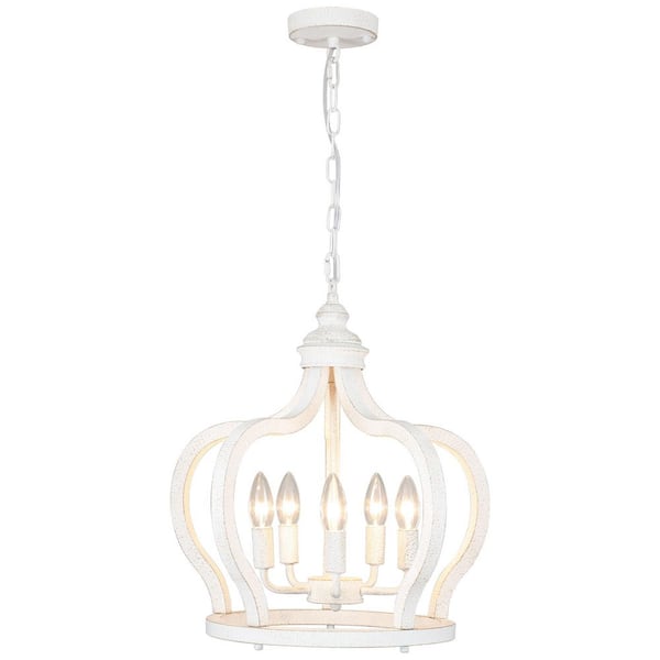 5-Light Vintage White Cottage Chic Crown Chandelier Farmhouse Wooden Pendant