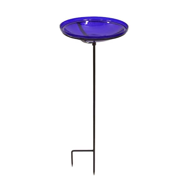 Achla Designs Reflective Crackle Glass Birdbath Bowl With Stake 14 in. Dia Cobalt Blue
