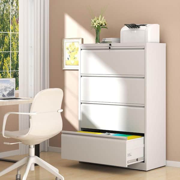 4-Drawer White 52.28 in. H x 35.43 in. W x 15.75 in. D Metal Lateral File Cabinet Locked By Keys Storage Cabinet