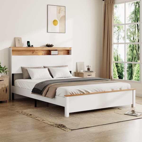 Rustic Farmhouse Antique White + Brown Wood + Metal Frame Queen Size Platform Bed with USB Port, Storage, LED Lights