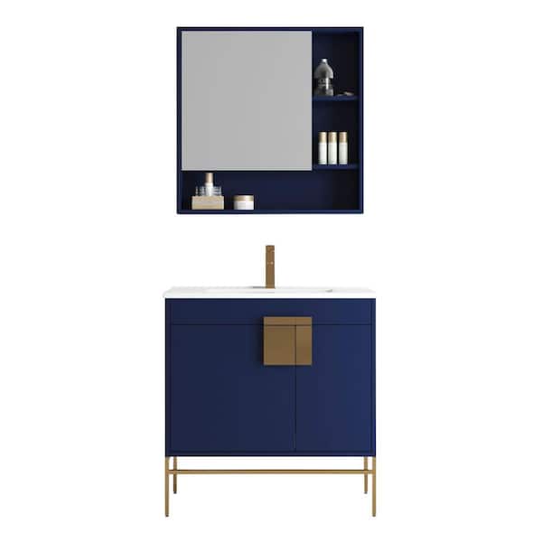 Unbranded Kuro 32 in. W x 18 in. D x 33 in. H Single Sink Bath Vanity in Navy Blue with White Ceramic Top and Mirror
