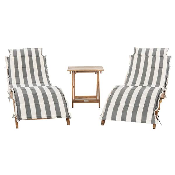 SAFAVIEH Pacifica Natural Brown 3-Piece Wood Outdoor Chaise Lounge Chair with Grey/White Cushion