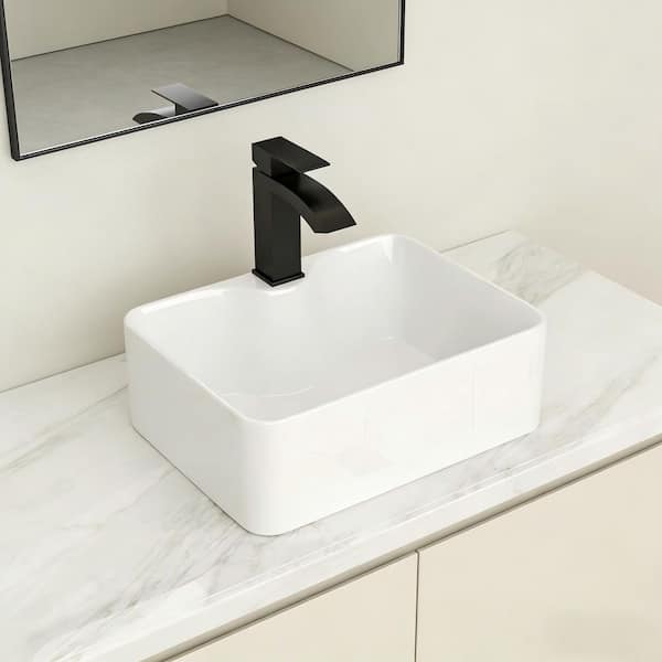 Rectangular 16 in. Bathroom Ceramic Vessel Sink Basin in White with Black Faucet and Drain