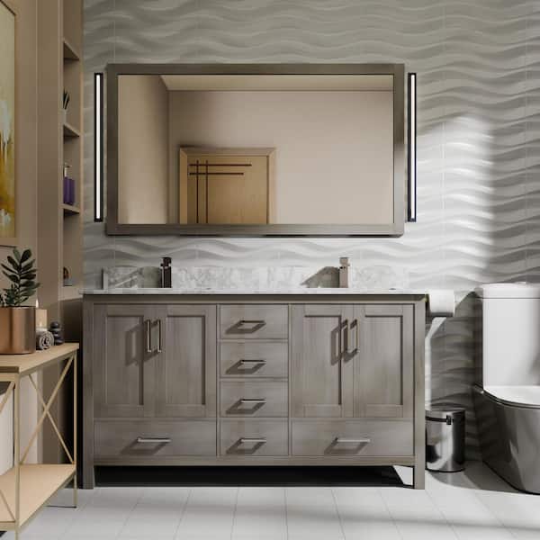 Jacques 60 in. W x 22 in. D Distressed Grey Double Bath Vanity, Carrara Marble Top, and 58 in. Mirror