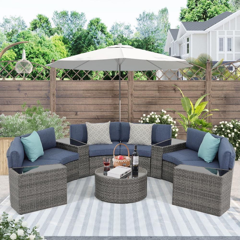 11-Piece Wicker Grey Half Moon Outdoor Conversation Patio Sectional Sofa Se