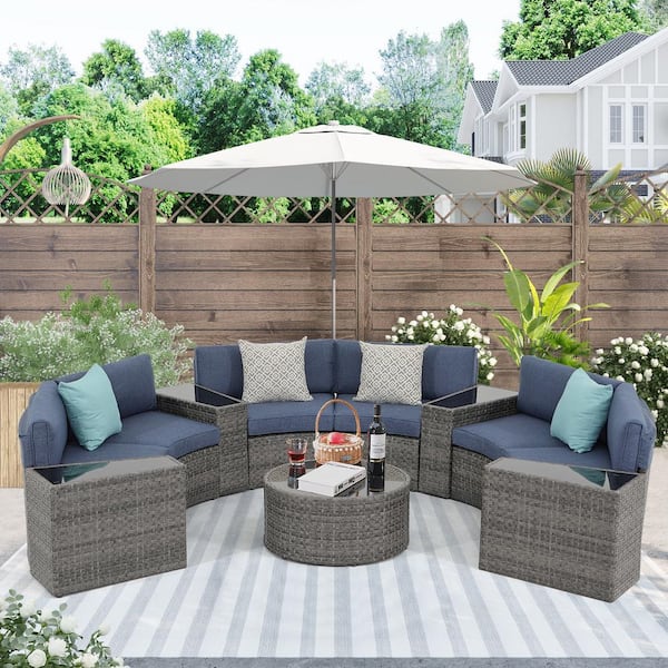 Freestyle 11-Piece Wicker Grey Half Moon Outdoor Conversation Patio Sectional Sofa Set with Blue Cushions