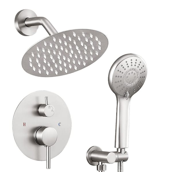 Single Handle 2-Spray Shower Faucet Bathroom Shower Combo Set 2.5 GPM with Adjustable Heads in Brushed Nickel