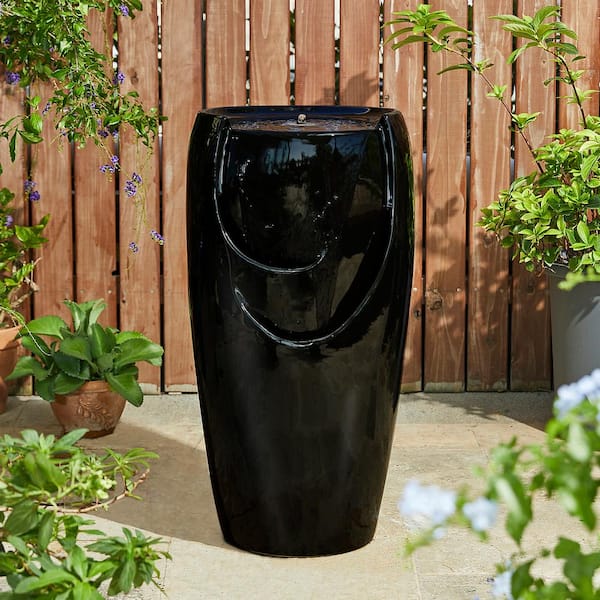 Glitzhome 29.25 in. H Oversized Black Outdoor Ceramic Pot Fountain with Pump and LED Light