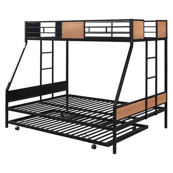 FORCLOVER Black Twin-Over-Full Bunk Bed With Trundle and Ladder