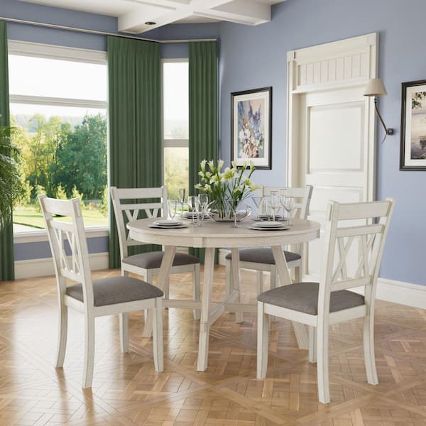 VECELO Farmhouse Round Dining Table Set with X-Back Chairs, Upholstered Seats, 5-Piece Wood Dining Set Gray