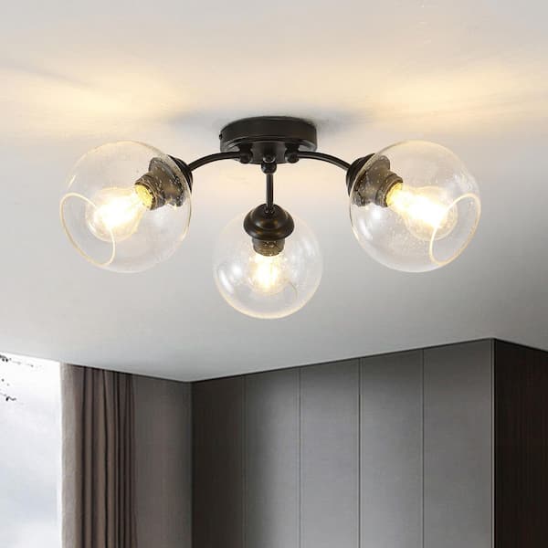 20.47 in. 3-Light Black Modern Semi-Flush Mount with Seeded Glass Shade