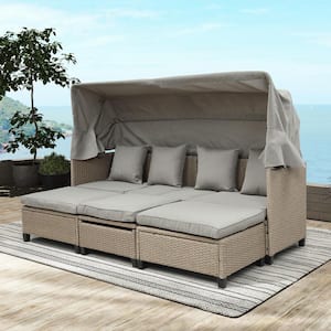4 Piece UV-Proof Wicker Outdoor Sectional Set Space Saving Couche with Canopy, Lifting Table, Brown Cushions