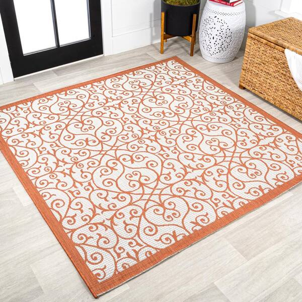 Madrid Vintage Filigree Textured Weave Cream/Orange 5 ft. Square Indoor/Outdoor Area Rug