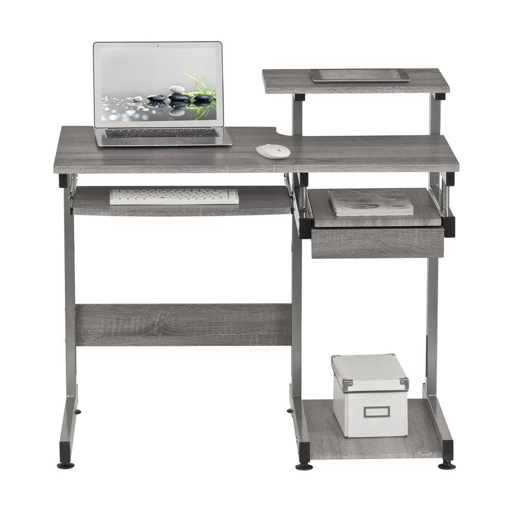 Sleek Gray MDF and Steel Compact Computer Desk with Drawers