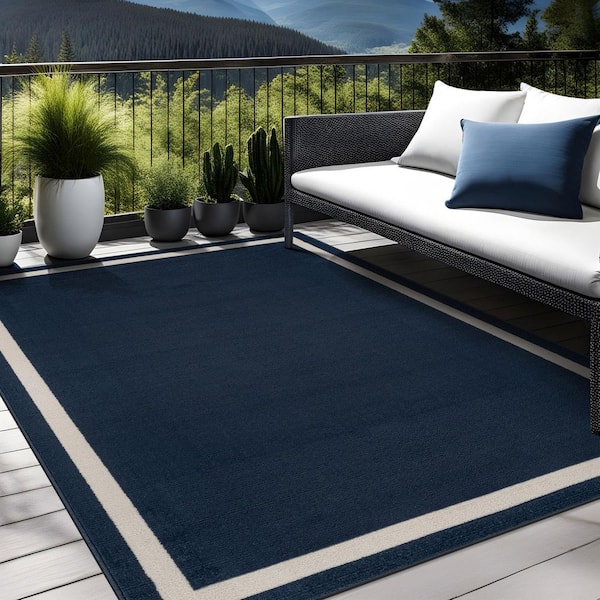 Aura Navy 9 ft. x 12 ft. Rubber Back Washable Modern Bordered Indoor Outdoor Area Rug