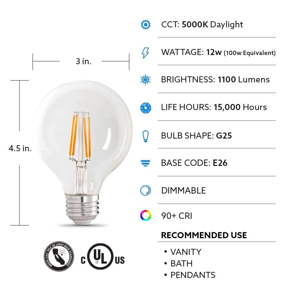 Clear Globe G25 LED Filament Bulb, 100W Equivalent, 3-Pack