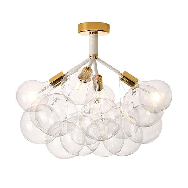 Alma 4-Light 20 in. W Gold Semi Flush Mount with White Leather Branch Chandelier LED Ceiling Light, LED Bulbs Included