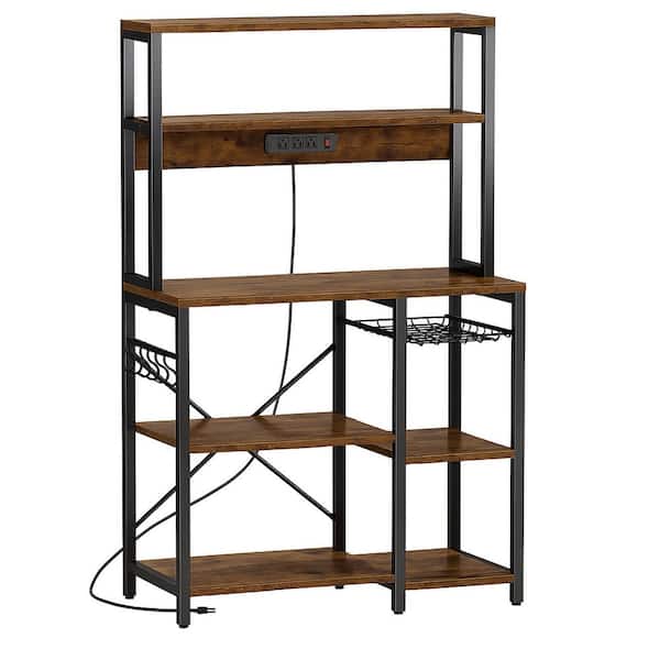 35.4 in. W x 15.6 in. D x 60.4 in. H Rustic Brown Assembled Kitchen Storage Shelf with Power Outlet and Wire Basket