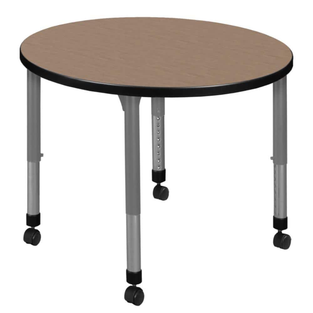 Kee 30 in. Round Noble Oak Height Adjustable Mobile Classroom Activity Table Desk with Grey Base