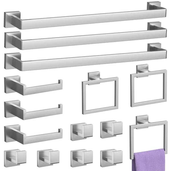 23.6 in. Stainless Steel Bath Towel Bar in Brushed Nickel, 15-Pieces Wall Mounted Hardware Set, Towel Racks for Bathroom
