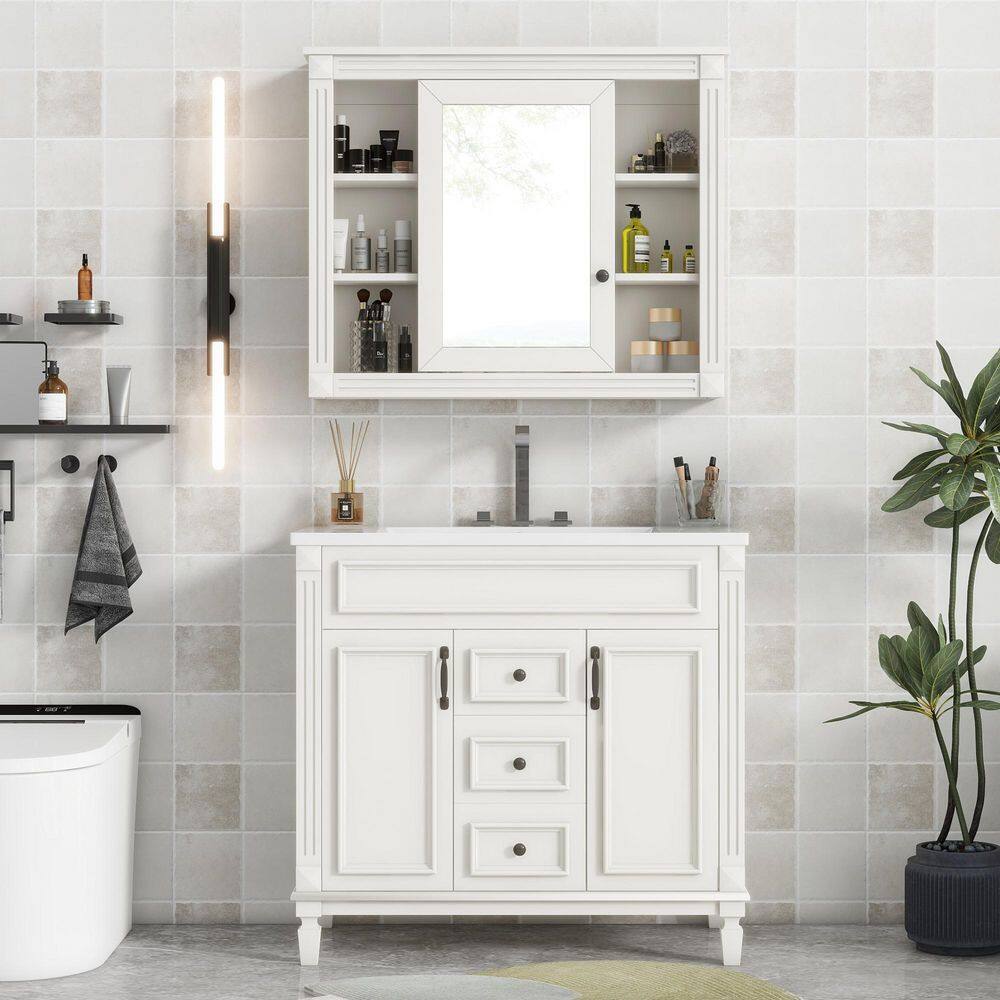 36 in. Single Sink Freestanding Solid Wood White Bath Vanity with White Ceramic Top and Medicine Cabinet with Mirror price history on PriceWatchPro